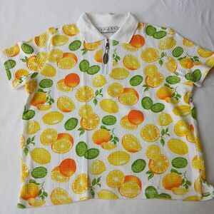 Chaus Women’s Petite Sz PS Lemon Lime Graphic Textured Polo Shirt 100% Cotton